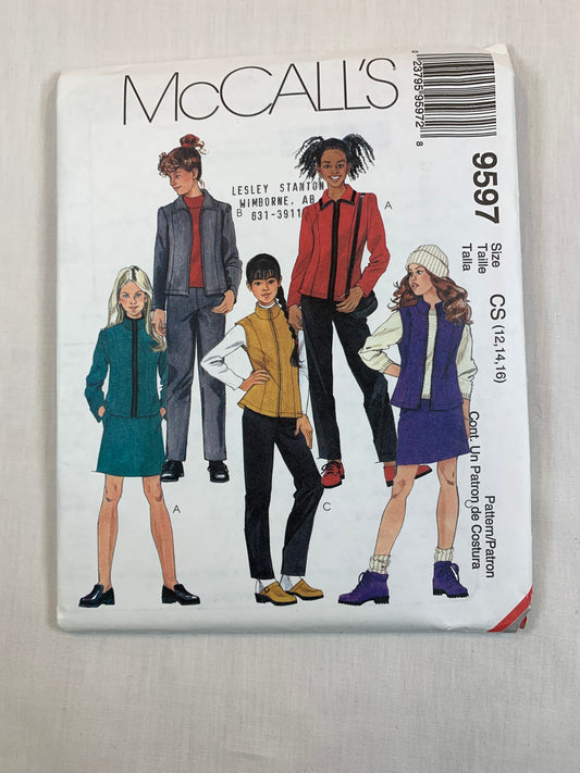 McCall's Sewing Pattern 9597 Girls' Unlined Jacket, Vest, Pull-On Pants Skirt, Princess Seams, Zipper Front, Collar, Elastic Waist, Pockets, Size 12-16, Uncut, Vintage 1998