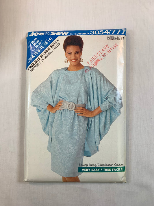 Butterick Sewing Pattern See & Sew 3054 Misses' Dress, Jacket, Shoulder Pads, Pullover, Loose-Fitting, Size 6-14, Uncut, Vintage 1988