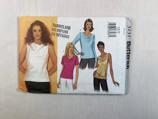 Butterick Sewing Pattern 3131 Misses' Blouse, 3 Variations, Long/Short Sleeves, Sleeveless, Pullover, Size 6-10, Uncut, 2001