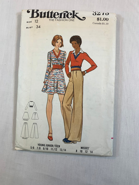 Butterick Sewing Pattern 3273, Misses'/Junior/Teens Top, Skirt, Pants, Zipper Front, Long Sleeves, V-Neckline, Size 12, Uncut, Vintage 1970