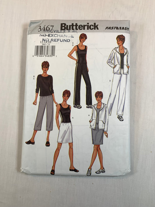 Butterick Sewing Pattern 3467 Misses'/Misses' Petite Jacket, Top, Dress, Shorts, Pants, Elastic Waist, Pockets, Size 12-16, Uncut, 2002