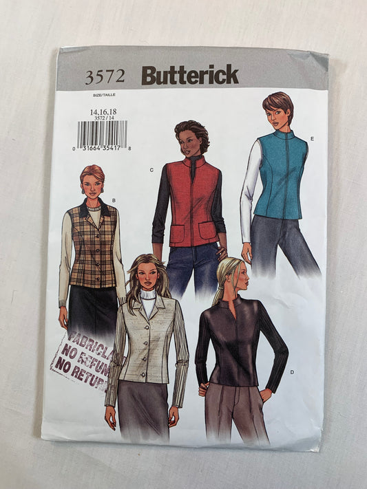 Butterick Sewing Pattern 3572 Misses' Jacket, Vest, Collar, Princess Seams, Button Front, Long Sleeves, Fitted, Size 14-16, Uncut, 2002