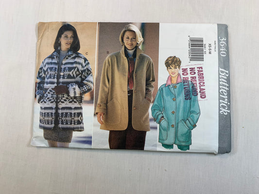 Butterick Sewing Pattern 3640 Misses' Jacket, Loose-Fitting, Unlined, Collar, Pockets, Long Sleeves, Size 6-14, Cut, Vintage 1994