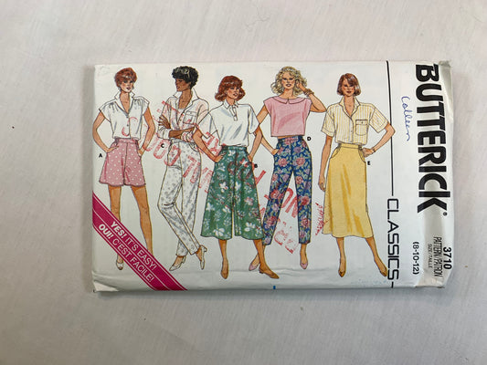 Butterick Sewing Pattern 3710 Misses' Shorts, Pants, Skirt, Culottes, Tapered, Pockets, Two Lengths, Elastic Waist, Size 8-12, Uncut, Vintage 1986