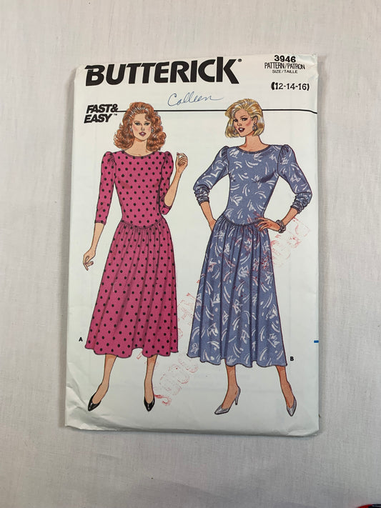 Butterick Sewing Pattern 3946 Misses' Dress, Two Lengths, Close-fitting, Dropped Waist, Flared, Zipper Back, Size 12-16, Uncut, Vintage 1986
