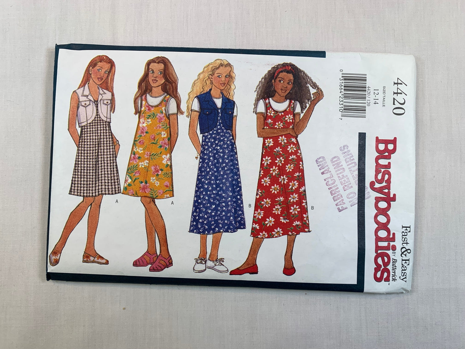 Butterick Sewing Pattern 4420 Busybodies Girls' Vest, Dress, Top, Two Lengths, Loose-Fitting, Princess Seams, Pullover, A-Line, Size 12-14, Cut, Vintage 1996