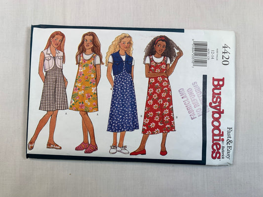 Butterick Sewing Pattern 4420 Busybodies Girls' Vest, Dress, Top, Two Lengths, Loose-Fitting, Princess Seams, Pullover, A-Line, Size 12-14, Cut, Vintage 1996