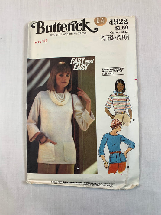 Butterick 4922 Misses' Tops, Size 16, Uncut, Vintage 1977