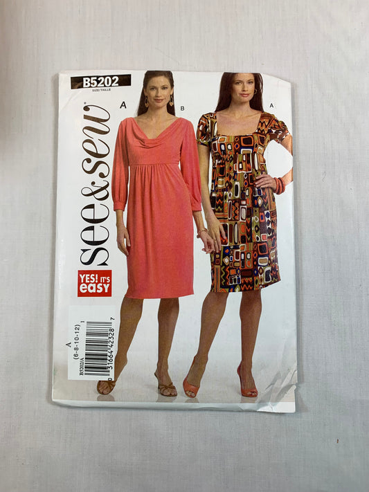 Butterick B5202 Misses' Dress, Size 6-12, Uncut, 2006