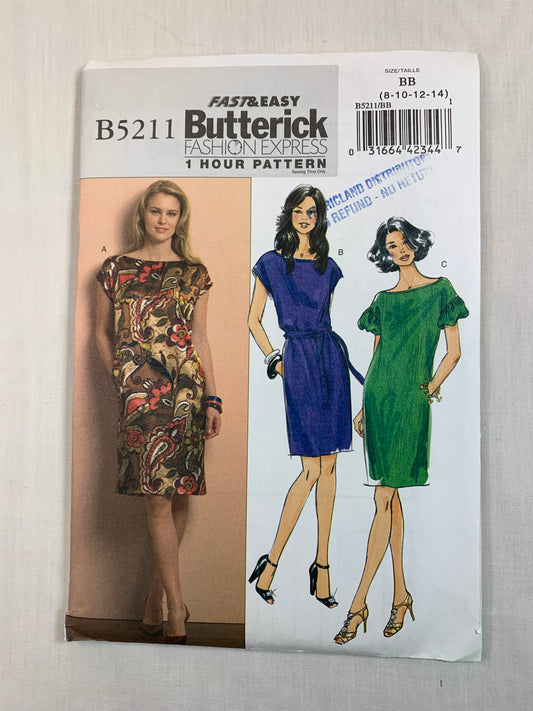 Butterick B5211 Misses' Dress, Belt, Size 8-14, Uncut, 2008