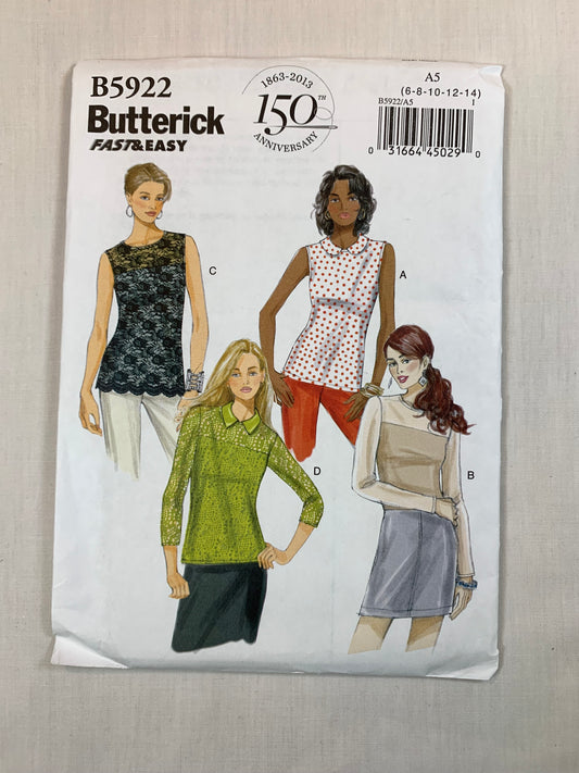 Butterick Sewing Pattern B5922 Misses' Tops, Sleeveless, Long Sleeves, Collar, 4 Variations. Pullover, Size 6-14, Uncut, 2013