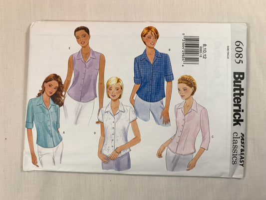 Butterick Sewing Pattern 6085 Misses'/Misses' Petite Shirt, Semi-Fitted, Long/Short Sleeves, Pockets, Sleeveless, Button Front, Collar, Size 8-12, Uncut, Vintage 1999