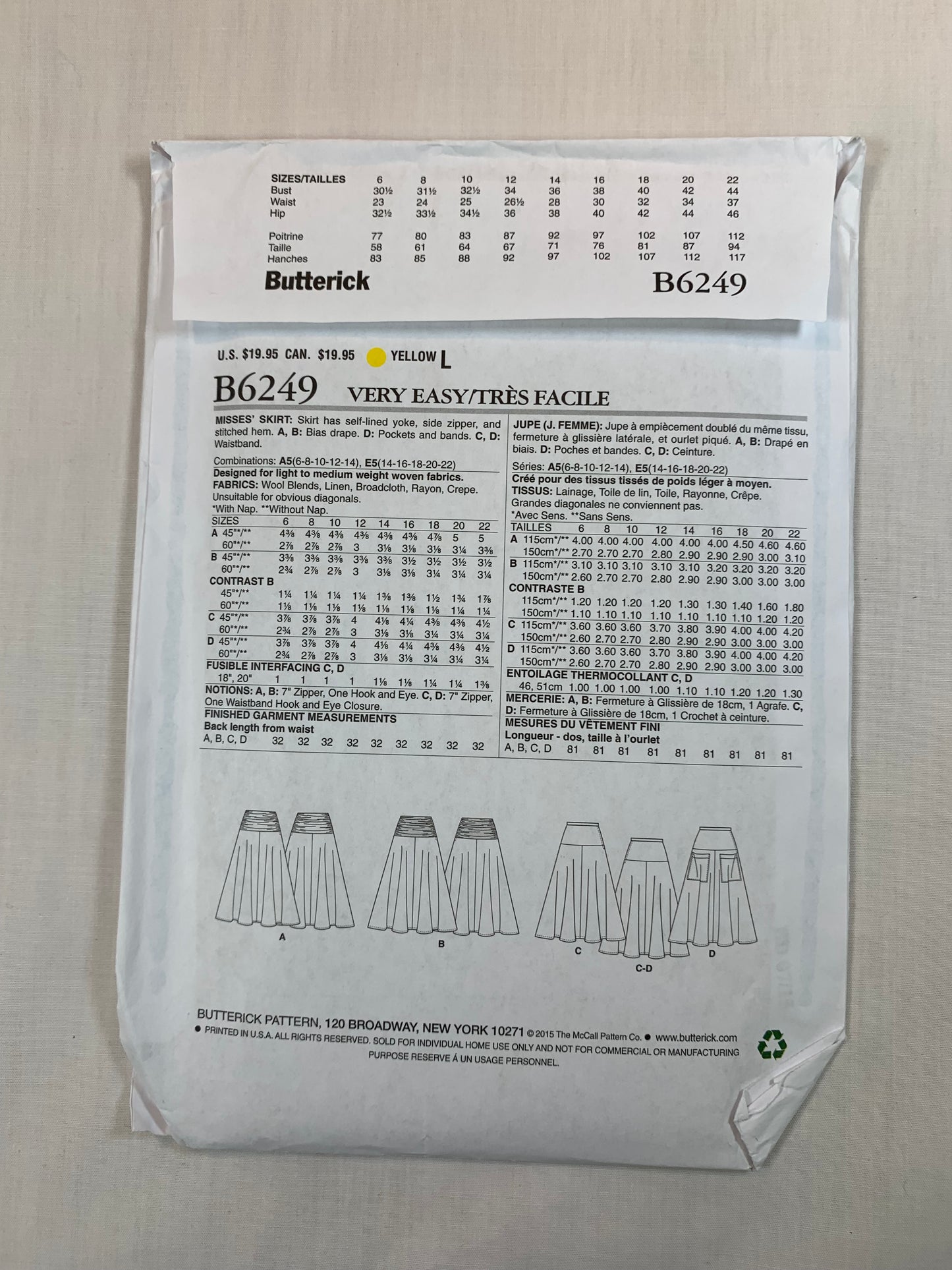 Butterick Sewing Pattern B6249 Misses' Skirts, 4 Variations, Pockets, Side Zipper, Full Skirt, Size 6-14, Uncut, 2015
