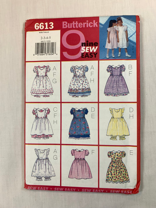 Butterick 6613 Girls' Dress, Pinafore, Pantaloons, Size 2-5, Uncut, 2000