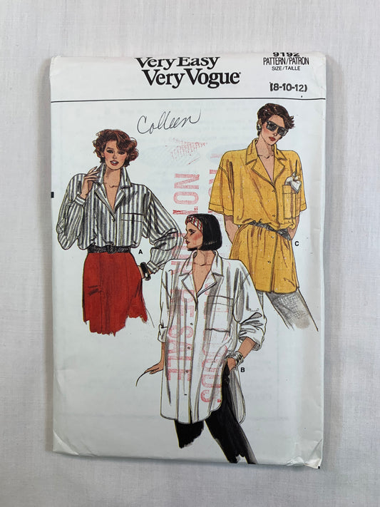 Vogue 9192, Misses' Shirts, Tops, Size 8-12, Uncut, Vintage 1985