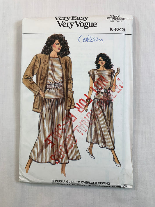 Vogue 9845, Misses' Jacket, Dress, Size 8-12, Uncut, Vintage 1987