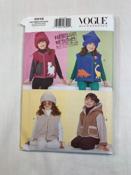 Vogue 9918 Girls' Children's Fleece Outwear, Coat, Vest, Hat, Jacket, Size 2-6x, Uncut, Vintage 1998