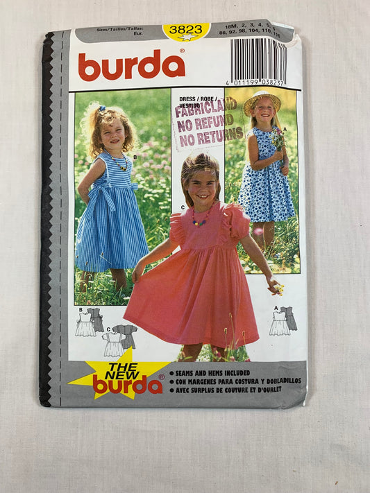 Burda Sewing Pattern 3823 Girls' Dress, Short Sleeves, Sleeveless, Fitted, High Waist, Flared, Size 18Mths-6, Uncut, 2001
