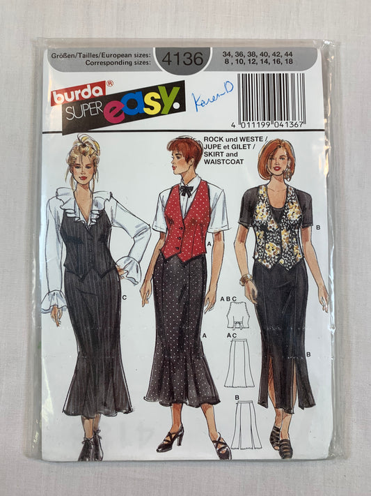 Burda Sewing Pattern 4136 Misses' Skirt, Vest, Waistcoat, Button Front, Zipper Back, Sleeveles, Size 8-18, Uncut, 2002