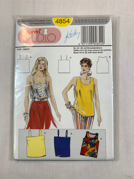Burda Sewing Pattrn 4854 Misses' Tops, Sleeveless, Halter, Size 8-26, Uncut, Vintage 1980