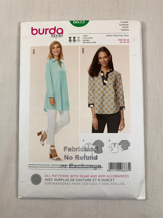 Burda Sewing Pattern 6633 Misses' Top, Tunic, Pullover, V-Neckline, Long/Short Sleeves, Two Lengths, Size 10-20, Uncut, 2000