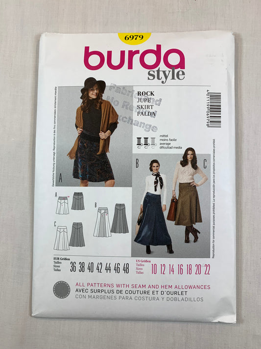 Burda Sewing Pattern 6979 Misses' Skirt, 3 Variations, Three Lengths, Zipper Back, Size 10-22, Uncut, Vintage 1996