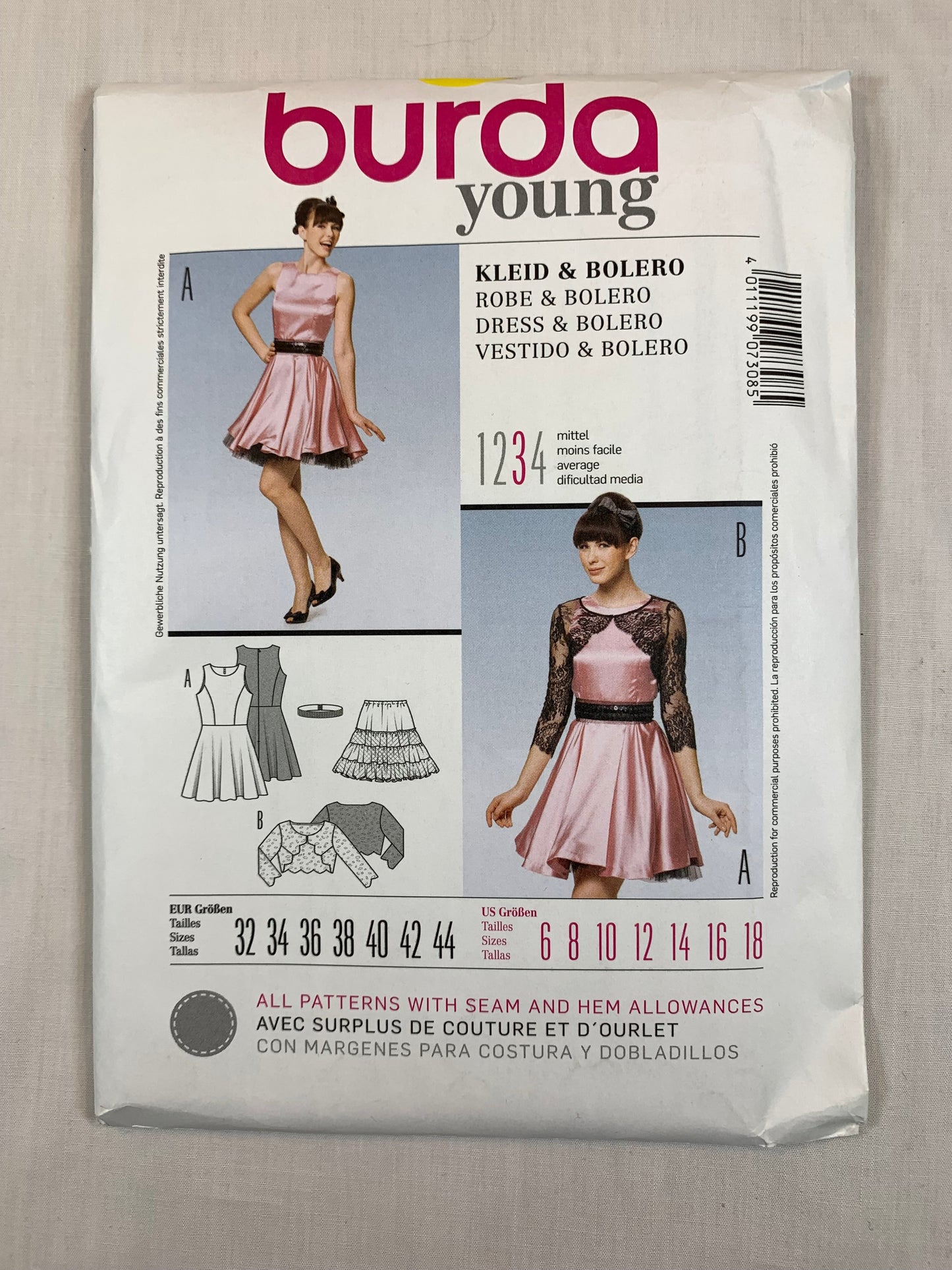 Burda Sewing Pattern 7308 Misses' Dress, Bolero, Full Slip, Belt, Long Sleeve, Above Knee Length, Sleeveless, Size 6-10, Cut, 2003