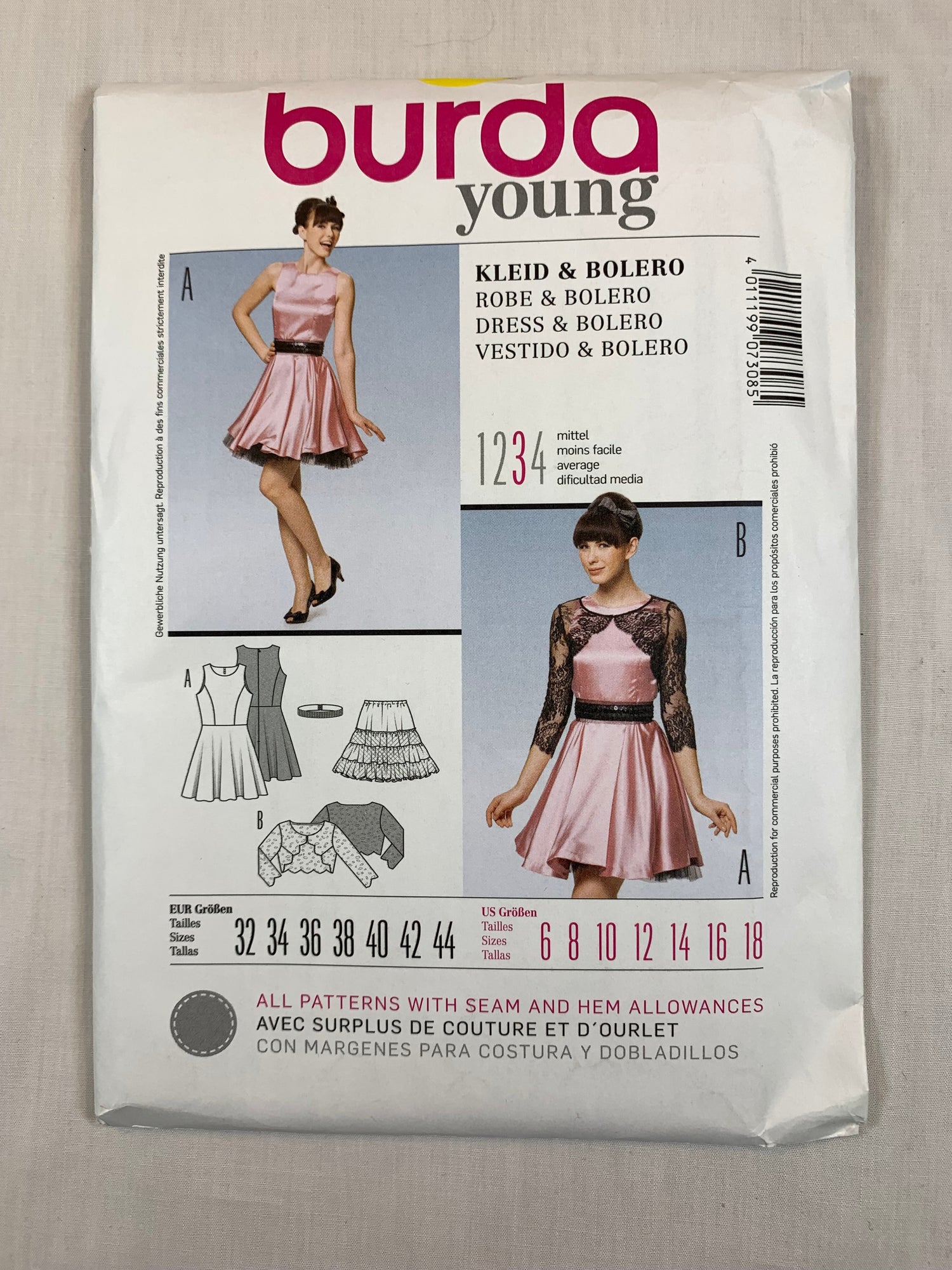 Burda Sewing Pattern 7308 Misses' Dress, Bolero, Full Slip, Belt, Long Sleeve, Above Knee Length, Sleeveless, Size 6-10, Cut, 2003