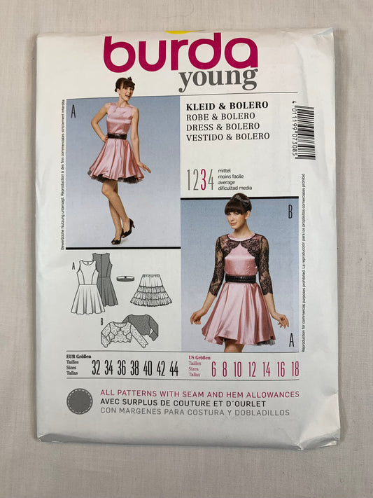 Burda Sewing Pattern 7308 Misses' Dress, Bolero, Full Slip, Belt, Long Sleeve, Above Knee Length, Sleeveless, Size 6-10, Cut, 2003