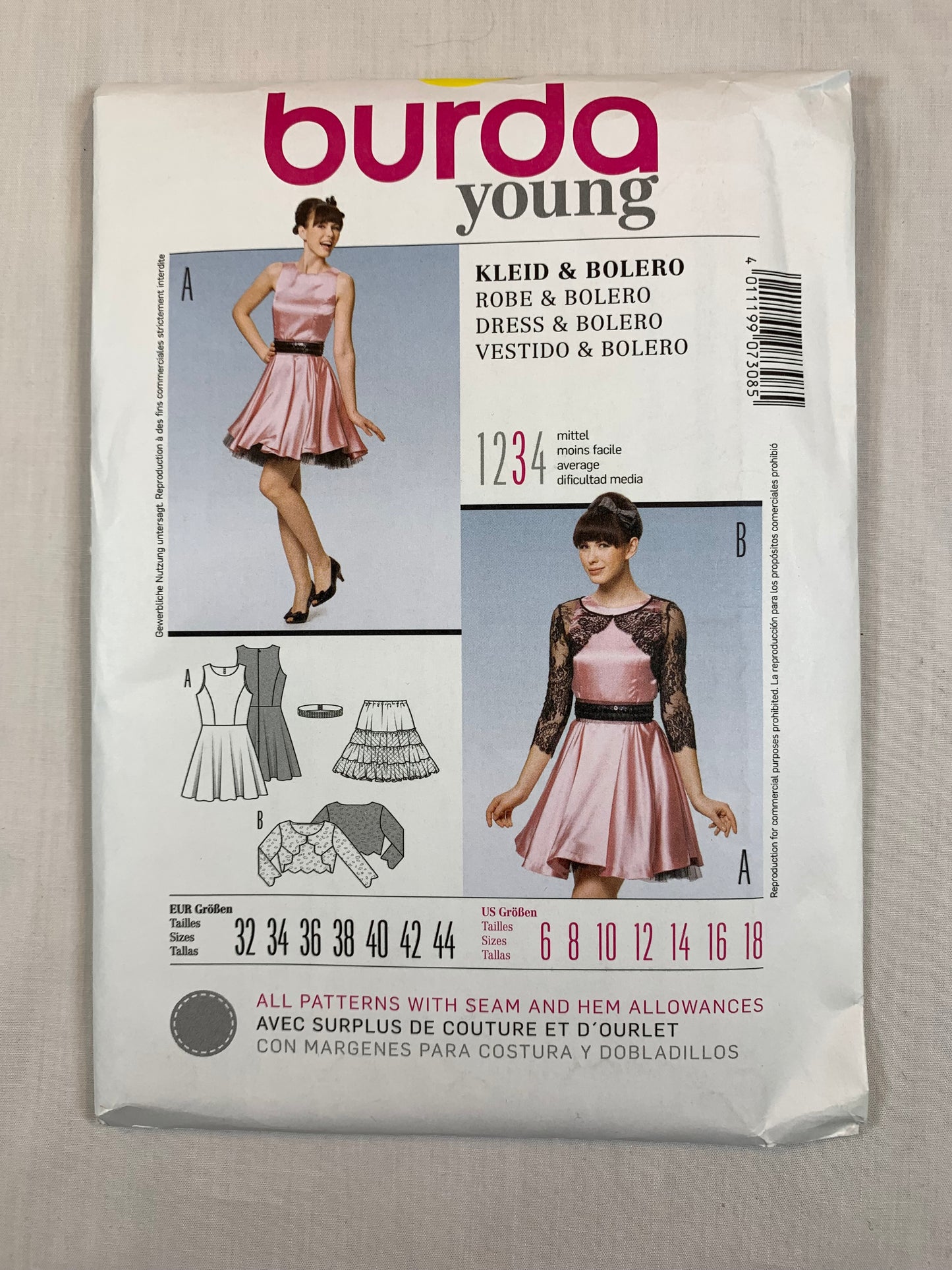 Burda Sewing Pattern 7308 Misses' Dress, Bolero, Full Slip, Belt, Long Sleeve, Sleeveless, Size 6-18, Cut, 2003