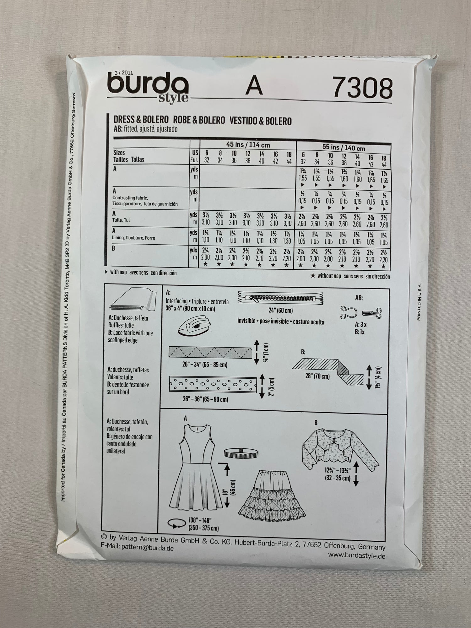 Burda 7308 Misses' Dress, Bolero, Slip, Belt, Size 6-18, Uncut