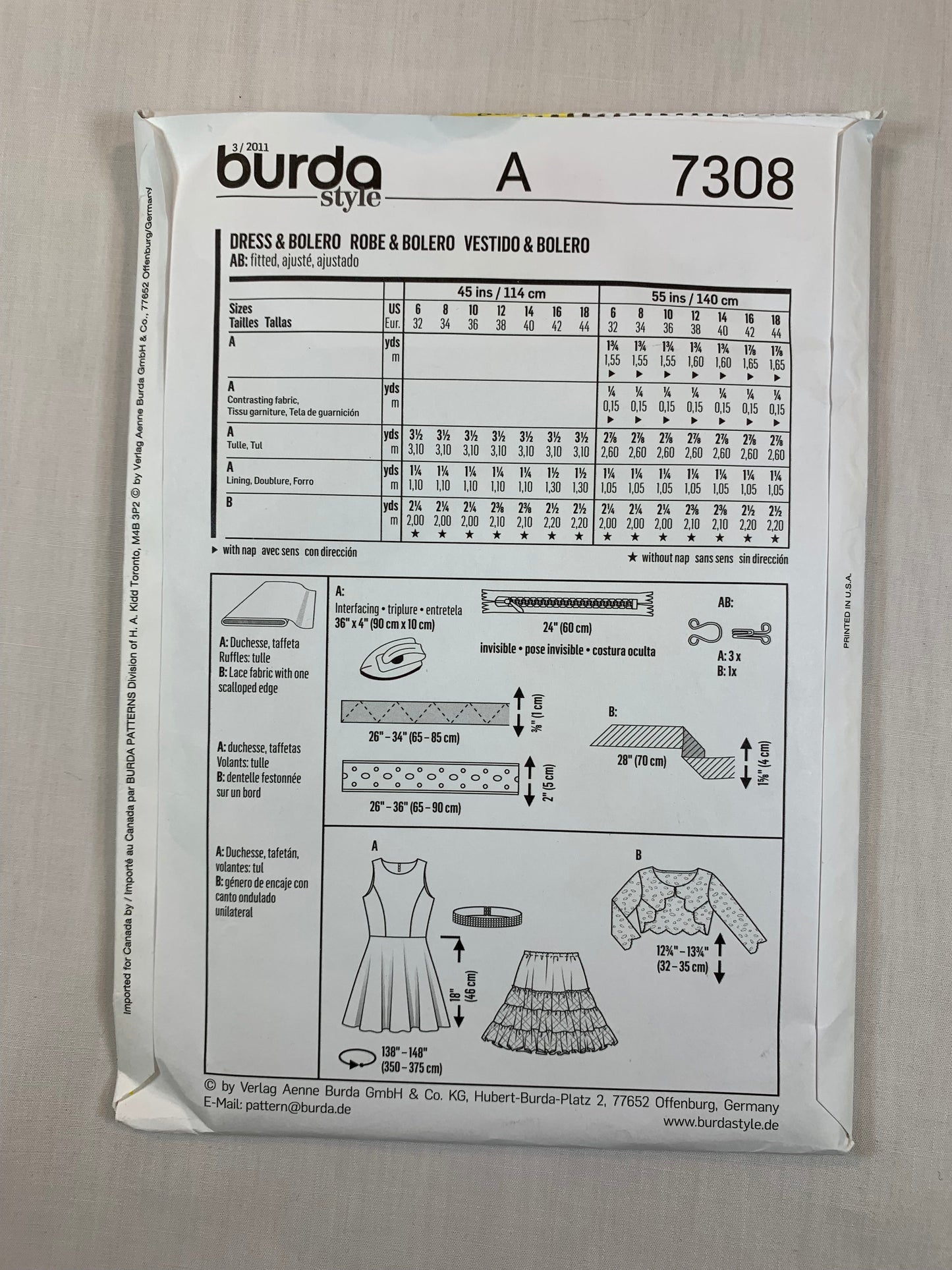 Burda Sewing Pattern 7308 Misses' Dress, Bolero, Full Slip, Belt, Long Sleeve, Above Knee Length, Sleeveless, Size 6-10, Cut, 2003