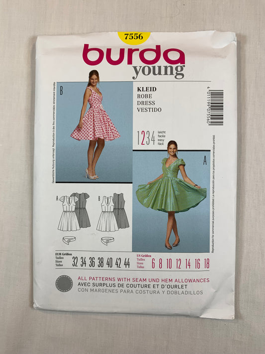 Burda Sewing Pattern 7556 Misses' Dress, Belt,Short Sleeves, Sleeveless, Flared Skirt, 2 Variations, Elastic Waist, Zipper Back, Size 6-18, Uncut, 2015
