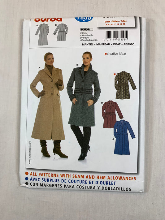 Burda Sewing Pattern 7855 Misses' Coat, Jacket, Semi-Fitted Button Front, Two Lengths, 2 Variations, Collar, Size 6-18, Uncut, Vintage 1980's