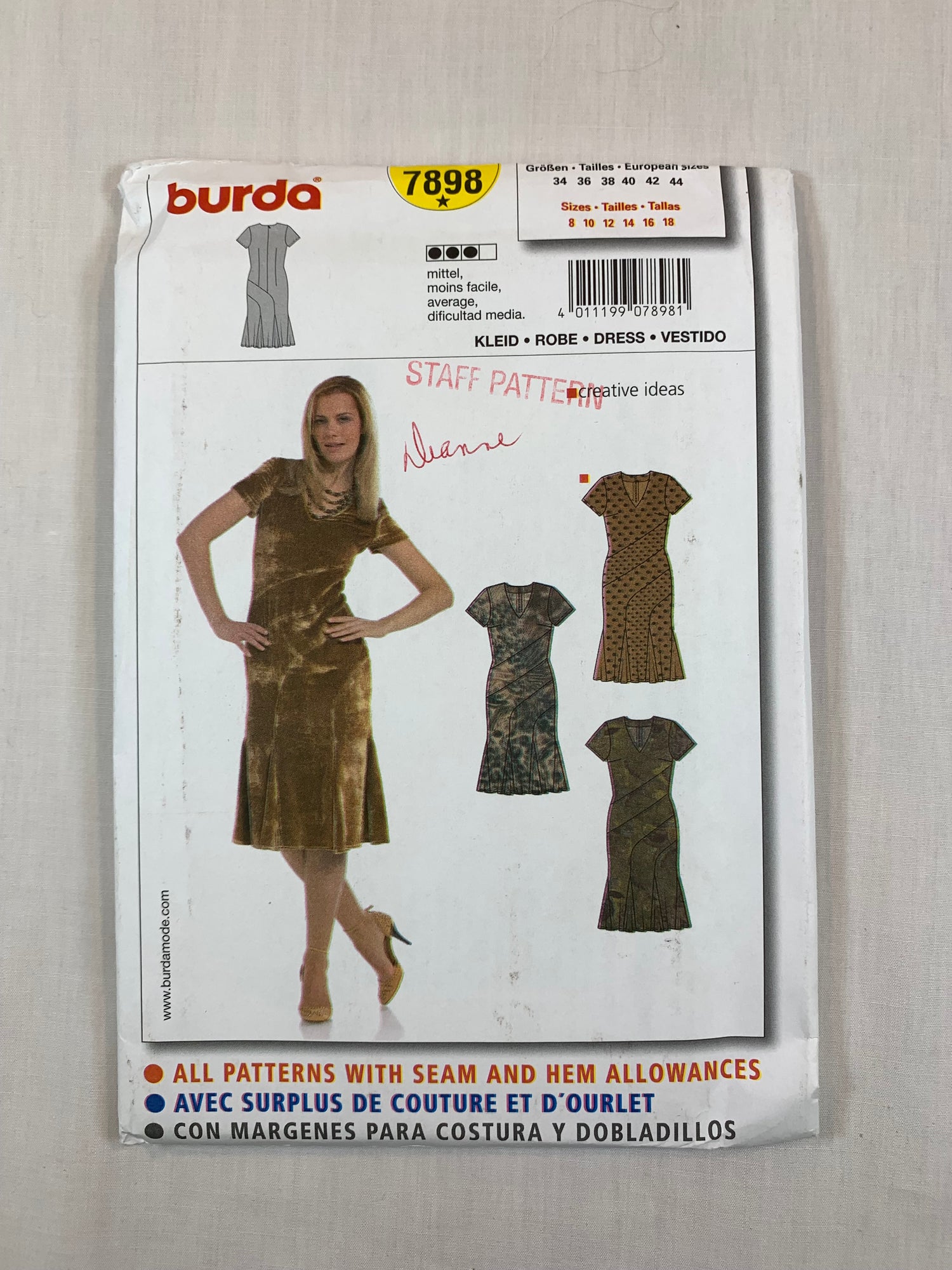 Burda Sewing Pattern 7898 Misses' Dress, Two Lengths, Fitted, Short Sleeves, Zipper Back, Size 8-18, Uncut, 2000