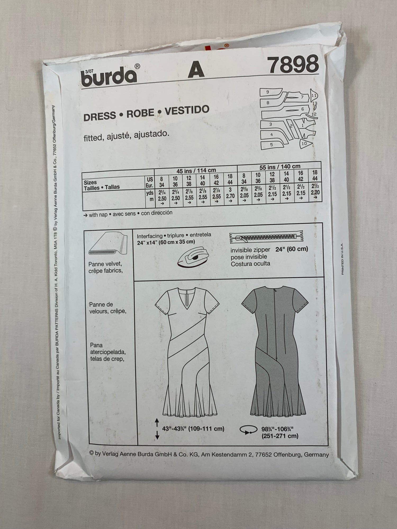 Burda Sewing Pattern 7898 Misses' Dress, Two Lengths, Fitted, Short Sleeves, Zipper Back, Size 8-18, Uncut, 2000