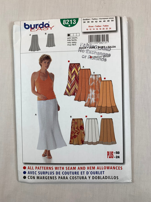Burda Sewing Pattern 8213 Misses' Skirt, Side Zipper, Fitted, Pleats, Size 10-24, Uncut, 2003