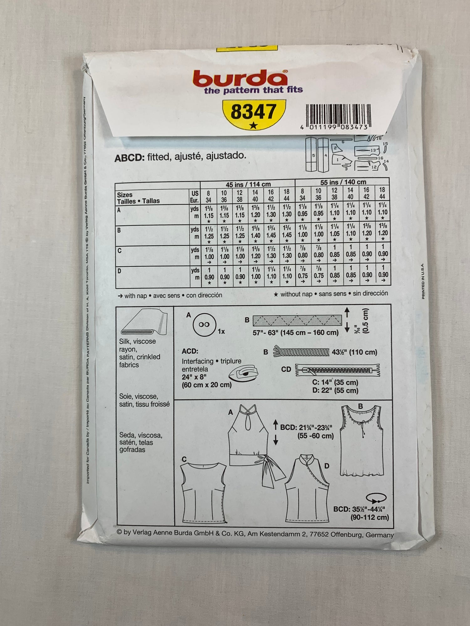 Burda Sewing Pattern 8347 Misses' Tops, 4 Variations, Sleeveless, Fitted, Halter, Darts, Size 8-18, Uncut, 2017