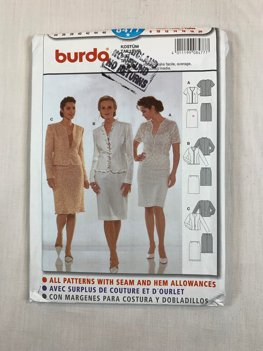 Burda Sewing Pattern 8477 Misses' Skirt, Top, Jacket, Suit, |Button Front, Zipper Back, Size 8-20, Uncut, 2001