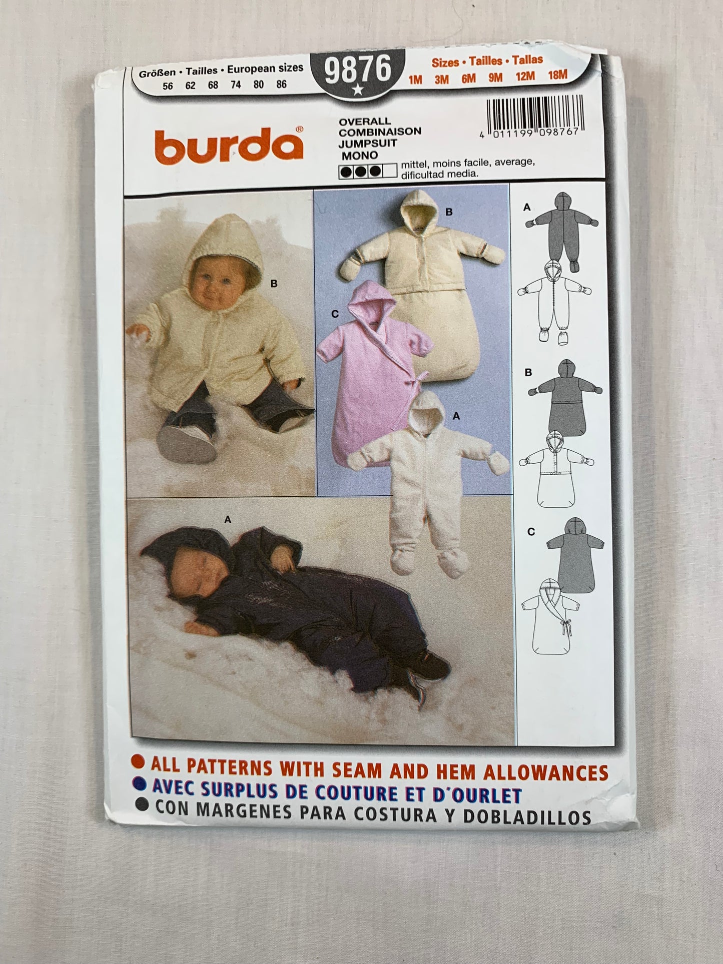 Burda Sewing Pattern 9876 Infant's Baby Jumpsuit, Coat, Snowsuit, Zipper Front, Loose-Fitting, Size 1m-18m, Uncut, 2000