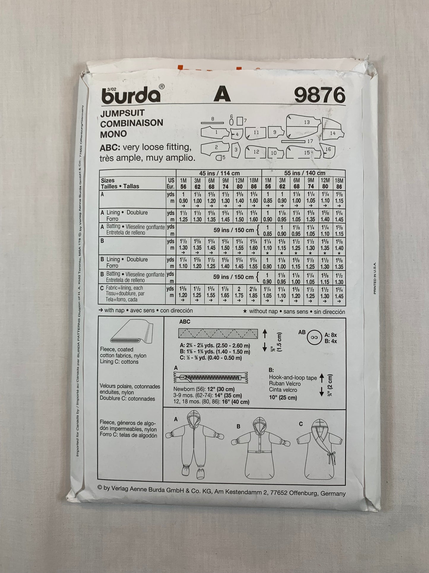 Burda Sewing Pattern 9876 Infant's Baby Jumpsuit, Coat, Snowsuit, Zipper Front, Loose-Fitting, Size 1m-18m, Uncut, 2000