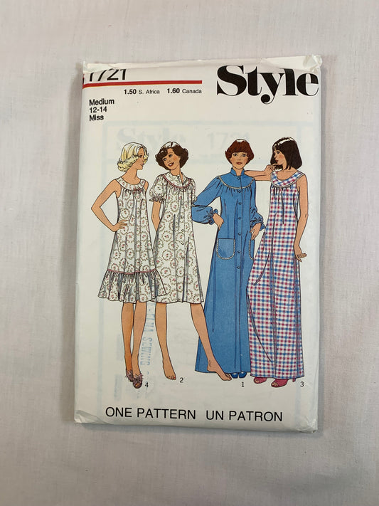 Style 1721 Misses', Housecoat, Nightdress, Size 12-14, Uncut, Vintage 1976