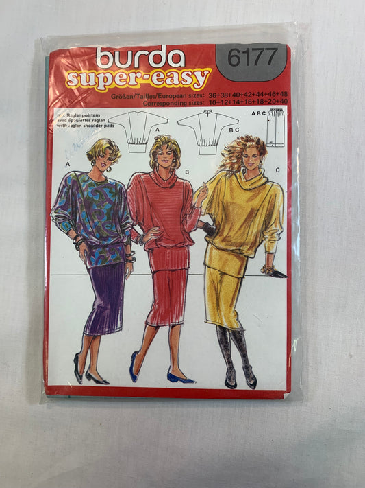 Burda Sewing Pattern 6177 Misses' Top, Skirt, Elastic Waist, Loose-Fitting, 3 Variations, Size 10-40, Uncut, Vintage 1989