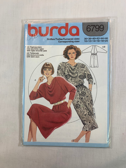 Burda Sewing Pattern 6799 Misses' Dress, Long Raglan Sleeves, Loose-Fitting, Elastic Waist, 2 Variations, Size 10-20. Uncut, 2000
