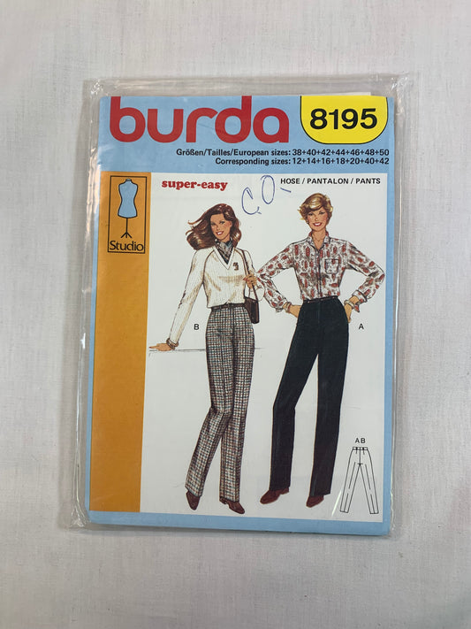 Burda Sewing Pattern 8195 Misses' Pants, Zipper Front, Belt Loops, Straight Leg, Size 12-42, Uncut, 2000