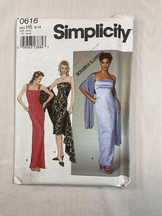Simplicity Sewing Pattern 0616 Misses'/Miss Petite Fitted Dress, Shawl, Evening, Size 6-14, Cut, Vintage 1999