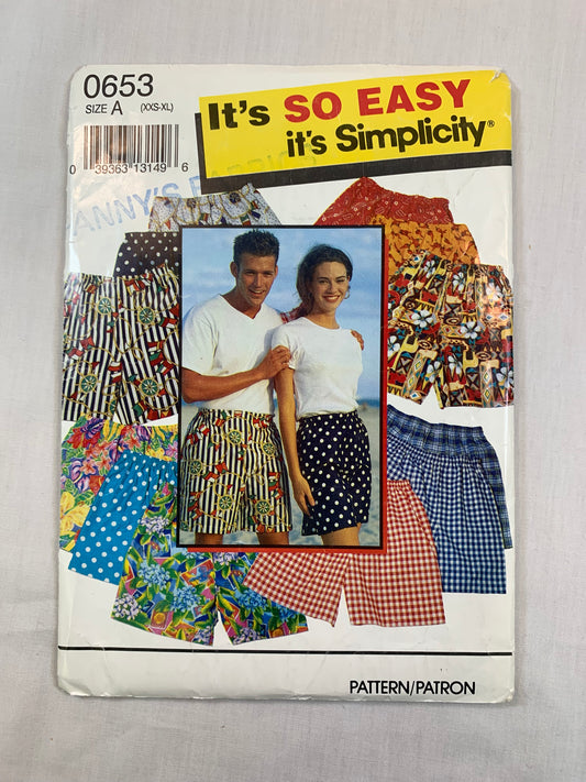 Simplicity Sewing Pattern 0653 Misses', Men's, Teen Boys', Girls' Shorts, Size XXS-XL, Cut, Vintage 1993