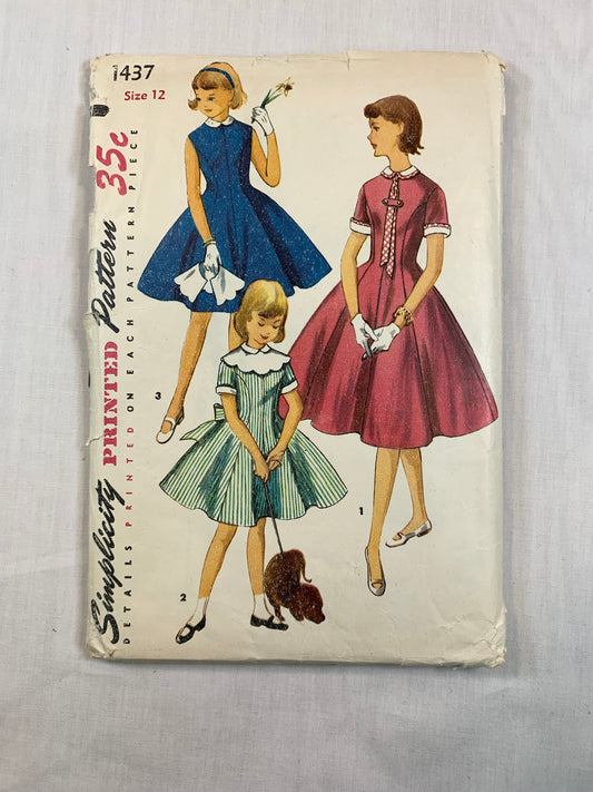 Simplicity Sewing Pattern 1437 Girls' Dress, Flared Skirt, Sleeveless, Detachable Collar, Short Sleeves, Size 12, Cut, Vintage 1977