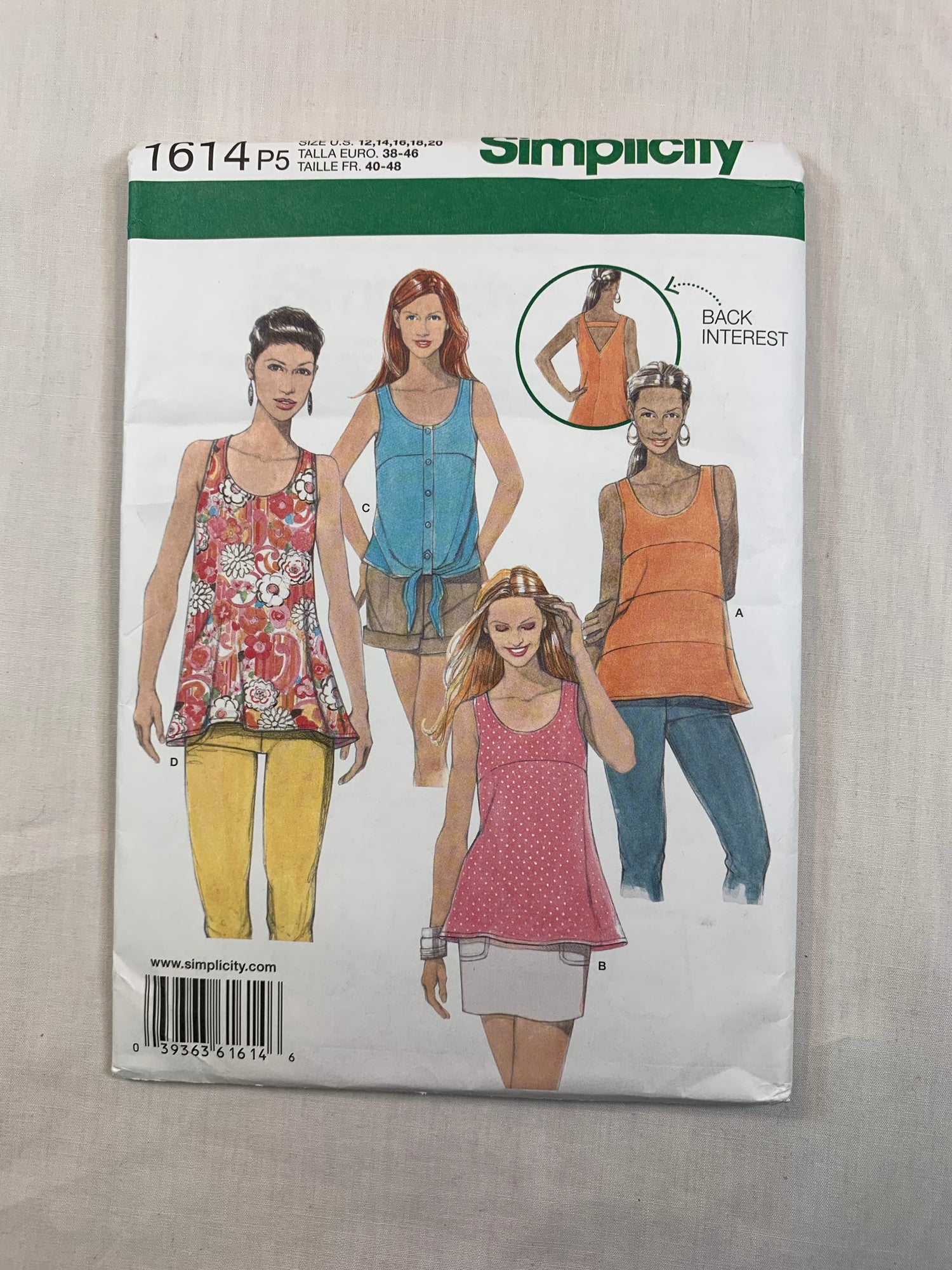 Simplicity Sewing Pattern 1614 Misses' Top, Shirt, Back Details,4 Variations, Size 4-12, Uncut, 2013