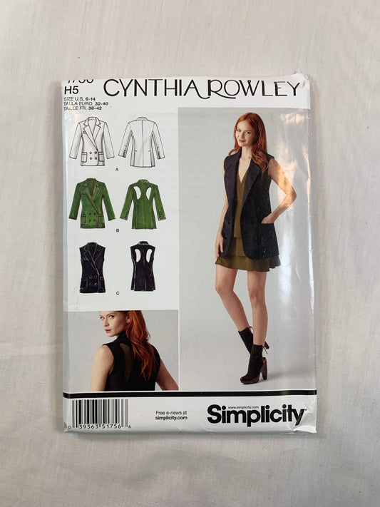 Simplicity Sewing Pattern 1756 Cynthia Rowley, Misses' Jackets, Without Sleeves, Back Detail, Size 6-14, Uncut, 2012